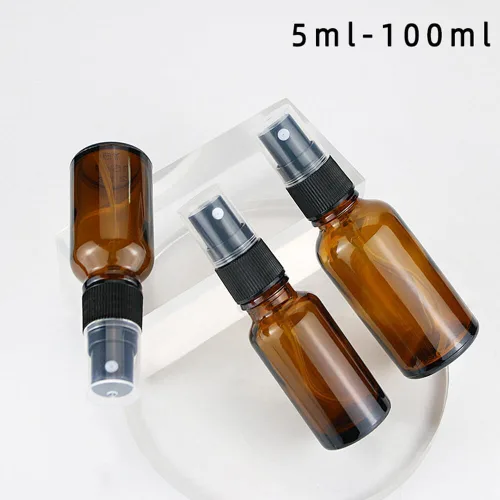 Vista 4 de Minibotellas de vidrio con atomizador de vidrio de ámbar oscuro, botellas de perfume portátiles vacías rellenables, botellas rociadoras de niebla