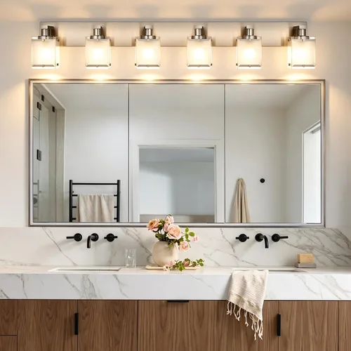 Vista 8 de Lámparas de tocador de baño de 3 luces, modernas luces de tocador con pantalla de vidrio transparente, lámpara de pared de níquel cepillado
