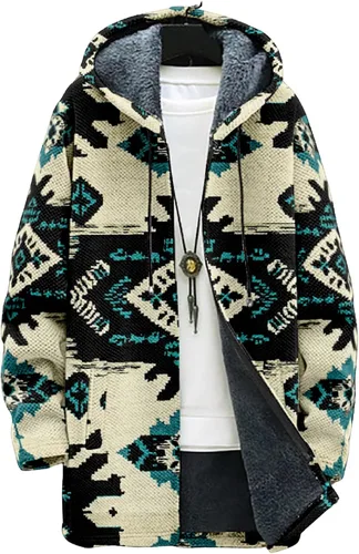 Vista 25 de Chaqueta de forro polar con capucha para hombre, con estampado azteca, de algodón pesado, con cremallera, manga larga, chaqueta con capucha