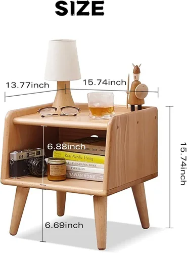 Vista 3 de Mesita de noche pequeña, mesa de noche 100% madera de roble macizo, mesita de noche moderna de mediados de siglo con almacenamiento abierto, armario