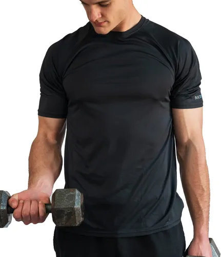 Vista 4 de BUILTCOOL Camisa raglán de cuello redondo para hombre, de secado rápido, absorción de humedad instantánea, protección solar UPF 50