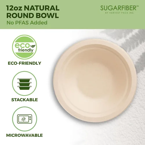 Vista 4 de Harvest Pack GOURMET SHOWCASE - [50 unidades] Cuencos de papel redondos de 12 onzas libres de PFAS - Cuencos de bagazo compostables, resistentes