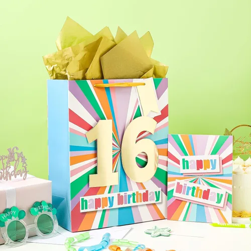 Vista 4 de WRAPAHOLIC Bolsa de regalo de cumpleaños grande de 13 pulgadas con tarjeta y papel de seda - 16 cumpleaños Feliz cumpleaños número 16