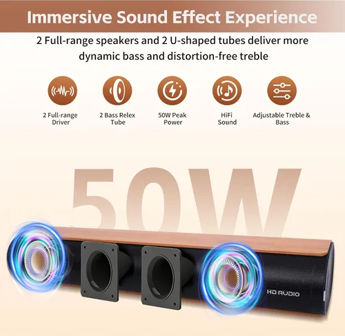 Vista 4 de Barra de sonido para Smart TV, barra de sonido de 50 W con conexión Bluetooth/ARC/óptica/AUX, aumento de volumen automático
