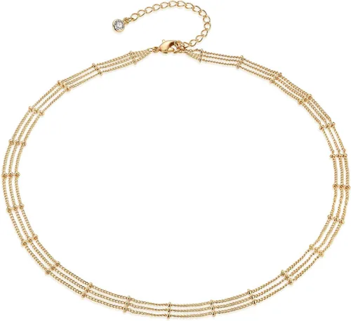 Vista 13 de MEVECCO Gargantilla Delicada de Cadena de Oro Collar Gargantilla de Oro de 14K Plateado Hecho a Mano Boho Lindo Pequeñas Cuentas con Eslabones