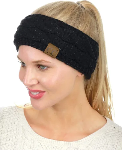 Vista 163 de C.C Cintillo elástico suave con punto trenzado para invierno, con forro mullido para el pelo, para calentar las orejas Negro
