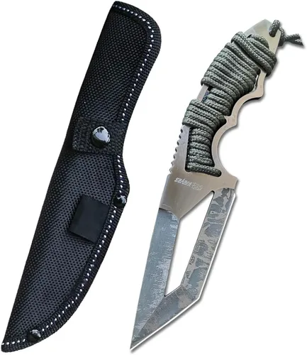 Vista 8 de Cuchillo de caza de hoja fija de 8.07 pulgadas con funda de nailon, cuchillo de supervivencia, cuchillo Bowie de espiga completa con mango