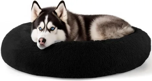 Vista 38 de Hoewina - Cama redonda, calmante, en forma de rosquilla, lavable, esponjosa para interiores, perros y gatos pequeños y medianos, negro, 20 pulgadas