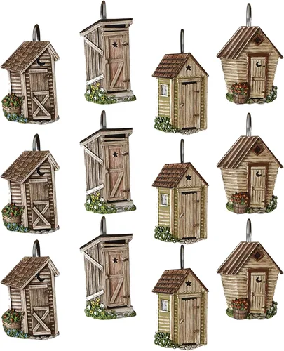 Vista 4 de Park Designs Cortina de ducha Outhouse, juego de ganchos Resina Pintado a mano Dije de país vintage Decoración de baño de granja