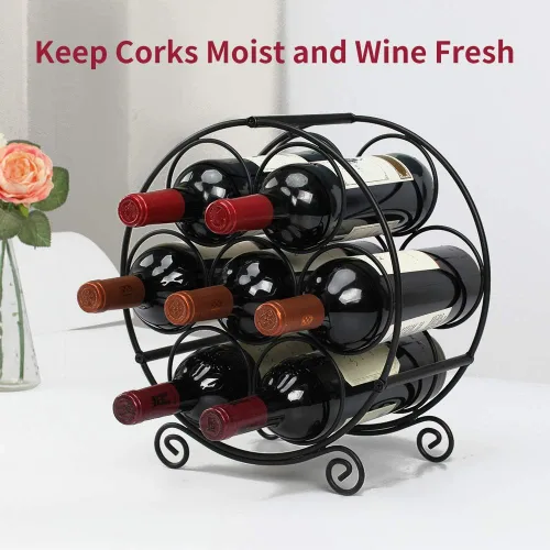 Vista 3 de TreeLen Estante de vino para encimera, soporte organizador de vino para 7 botellas, soporte de almacenamiento de vino de pie sin metal, soporte