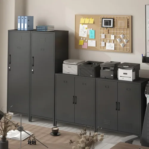 Vista 6 de Armario de almacenamiento de metal con puertas y estante, gabinetes de almacenamiento para oficina, aparador para oficina, sala de estar, comedor