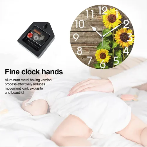 Vista 5 de Naanle Elegante reloj de pared redondo de madera vintage con diseño de girasoles 3D, de 9.5 pulgadas, funciona con pilas, de cuarzo, analógico