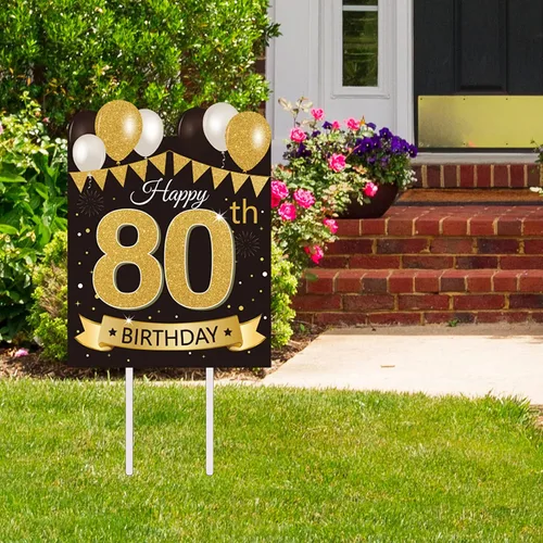 Vista 10 de Letrero grande de patio para fiesta de feliz cumpleaños número 13, negro dorado, letreros de patio de cumpleaños 13 con estacas y decoraciones
