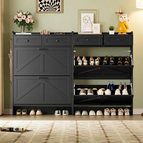 Vista 4 de BORNOON Gabinete de Almacenamiento de Zapatos para Entrada, Gabinete Estrecho de Zapatos Estilo Granja con 2 Cajones Abatibles y Cajones Superiores