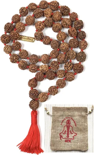 Vista 6 de Rudraksha Mala - Collar de cuentas Rudraksh Japa 5 Mukhi (5 caras) cuentas de oración anudadas a mano, tamaños de 0.236 in, 0.315 in, 0.394 in
