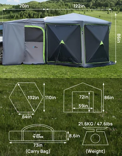 Vista 8 de JOYTUTUS Tienda de campaña desplegable de doble uso para campamento, 11 x 11 pies para la familia, tienda de campaña para caravana trasera SUV