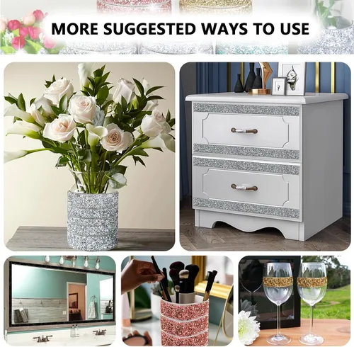 Vista 5 de Dowarm Cinta autoadhesiva de diamantes de imitación plateados, tiras brillantes para manualidades, decoración de bodas, 0.4 pulgadas de ancho