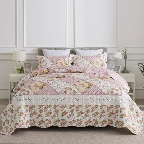 Vista 49 de Juego de cama de dos piezas, tamaño individual, de microfibra, reversible, de retazos, estilo floral, todas las estaciones, patrón de porcelana azul
