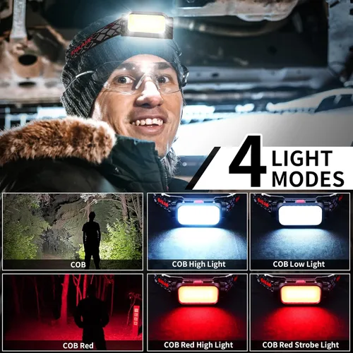 Vista 3 de Faro LED de alto lúmenes con sensor de movimiento súper brillante, 3 modos de iluminación, pantalla digital, recargable, lámpara de cabeza