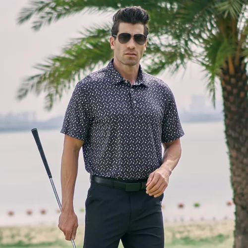 Vista 5 de AOTORR Camisas de golf para hombre, ajuste regular, absorben la humedad, estampado de rendimiento de manga corta para hombre