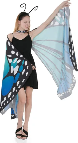 Vista 4 de Spooktacular Creations Butterfly Wing Cape Shawl with Lace Mask and Black Velvet Antenna Headband Adult Women Halloween Costume Accessory
