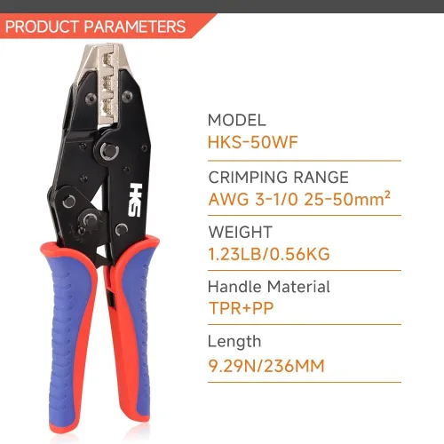 Vista 2 de HKS Herramienta de Engaste para Manguitos, Terminales de Virola y Extremo de Cable de Pin - Engastadoras de Cables con Trinquete - AWG 3-1/0