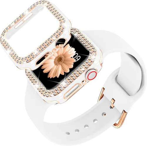 Vista 11 de DABAOZA Compatible con Apple Watch de 1.496 pulgadas con funda de parachoques con purpurina, correa ajustable de silicona negra, suave y cómoda