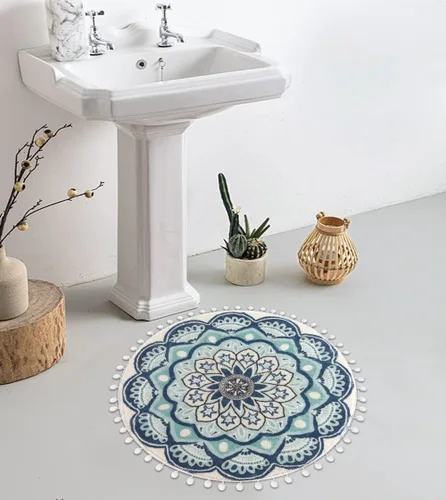 Vista 6 de Uphome Alfombra redonda pequeña de 2.3 pies, color azul, bohemia, con flecos de pompones, antideslizante, lavable, tapete de baño circular