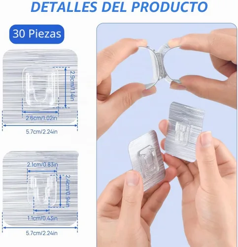 Vista 2 de 30 ganchos adhesivos de pared de doble cara, 15 libras máximo, resistentes, limpios e impermeables para baño, cocina, colgar cuadros