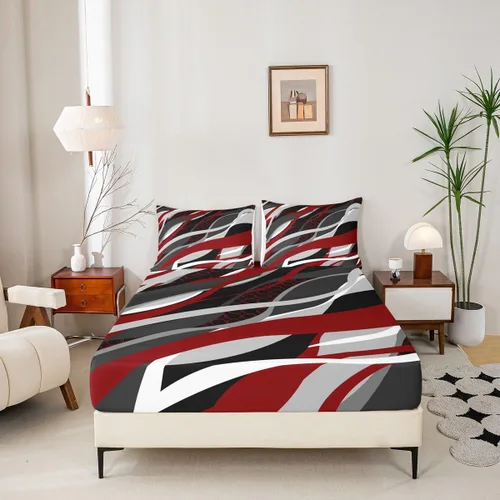 Vista 5 de Manfei Sábana bajera ajustable color rojo y gris, tamaño individual, funda de cama circular de rayas onduladas abstractas con 1 funda de almohada