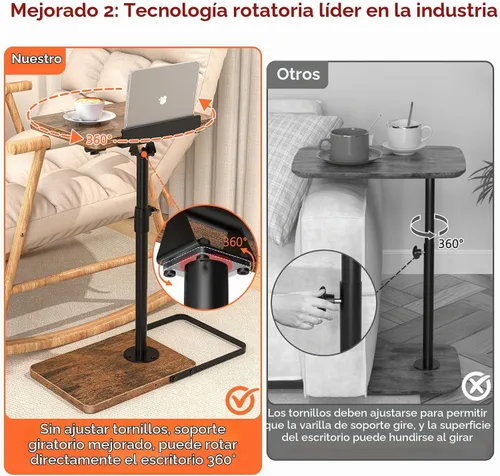 Vista 3 de Mesa de TV para sofá, altura ajustable/giro de 360°/diseño de panel abatible de 180°, mesa auxiliar lateral en forma de C, mesa lateral para brazo