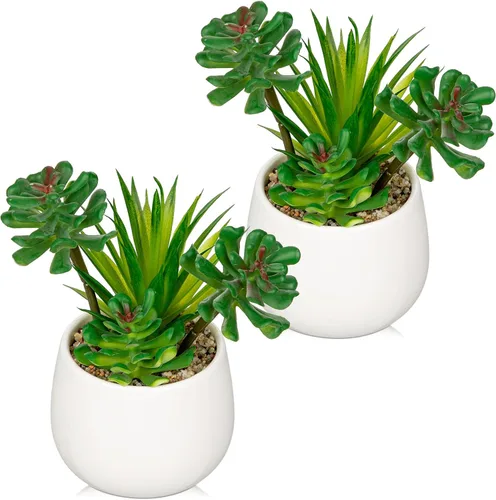 Vista 7 de Briful Plantas suculentas artificiales en maceta de cerámica, suculentas falsas con macetas negras, decoración moderna de escritorio para el hogar