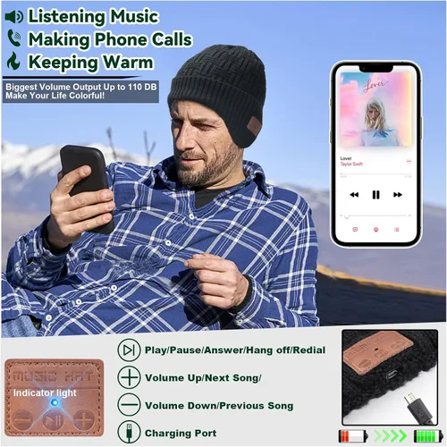 Vista 3 de Juego de gorro de música inalámbrico, gorro de invierno, gorro Bluetooth con cubiertas para las orejas, guantes antideslizantes para pantalla