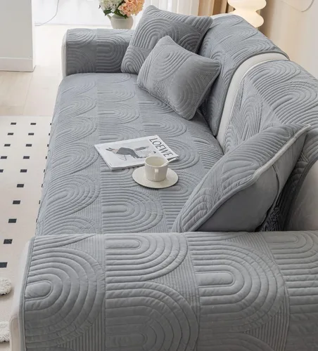 Vista 4 de Funda de sofá geométrica de granja para sofá, funda de terciopelo suave acolchada para sofá seccional, funda de sofá antideslizante para sofá, Gris