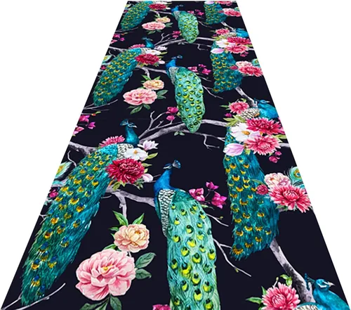 Vista 2 de Alfombra antideslizante para pasillo, entrada, lavable a máquina, patrón floral y pavo real, alfombra de área para pasillos, resistente a