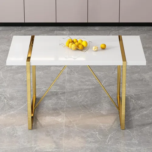 Vista 10 de Mesa de comedor Ebullient para 4, mesa de comedor rectangular negra de MDF, tapa de mesa de cena de mármol falso, mesa de comedor moderna con marco