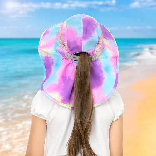 Vista 6 de Sombrero de sol para niños, protección UV, unicornio, verano, playa, sombreros de ala ancha para el cuello para niñas y niños de 2 a 9 años