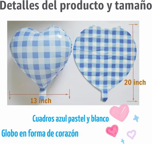 Vista 3 de 10 globos de corazón a cuadros azules, globos de 18 pulgadas en forma de corazón a cuadros azul pastel y blanco para boda romántica, proponer San