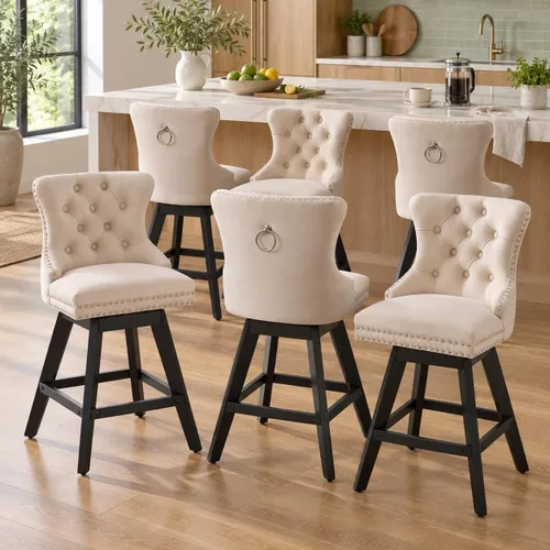 Vista 26 de Juego de 2 taburetes de bar giratorios modernos, taburetes de bar de 26.6 pulgadas de altura de mostrador beige con respaldo para isla de cocina