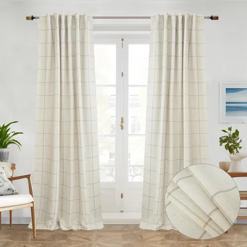 Vista 36 de DriftAway 2 paneles cortinas de lino a cuadros 100% opacas de doble capa cortinas para dormitorio de 96 pulgadas de largo estilo granja con Gris