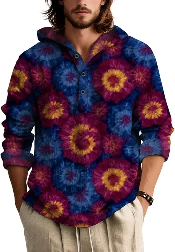 Vista 22 de Camisas de manga larga con estampado de teñido anudado para hombre, sudadera con capucha de 3 botones, sudadera retro cómoda con capucha