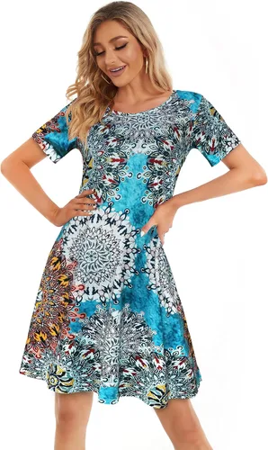 Vista 4 de Vestidos de verano para mujer, camiseta casual de playa, talla grande, floral, manga corta, holgados, vestidos de verano