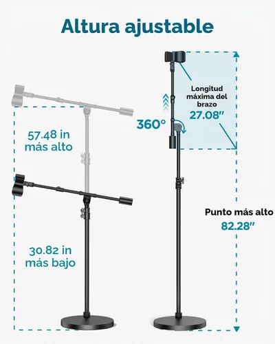 Vista 4 de InnoGear Soporte de micrófono, altura máxima de 82.28 pulgadas, soporte de micrófono de piso con brazo desmontable y base con peso para Blue Yeti