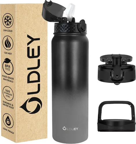 Vista 22 de Oldley Botella de Agua Aislada con Pajilla de 20oz, Botellas de Agua de Acero Inoxidable con 3 Tapas, Aislamiento al Vacío de Doble Pared Térmica