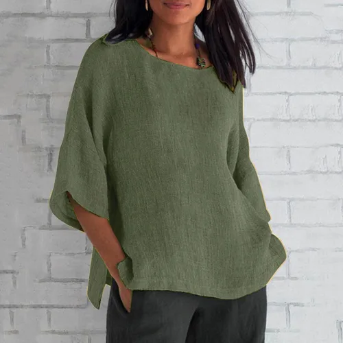 Vista 2 de Blusas de verano para mujer, manga corta, cuello redondo, línea de algodón, blusa suelta