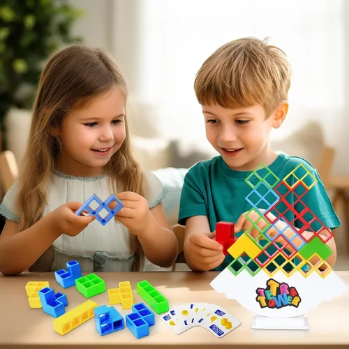Vista 3 de 50 Piezas Juegos de Mesa para Niños y Adultos Torre Tetra Juguetes de Equilibrio y Apilamiento Perfectos para Juegos Familiares, Fiestas, Viajes