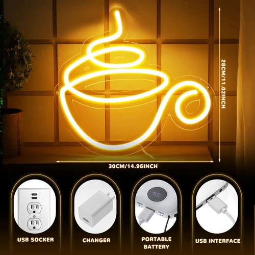 Vista 2 de Kathfly - Letrero de neón para cafetería, decoración de pared LED para cafetería, café Modern Coffee Light Design, White Glow Pub Party