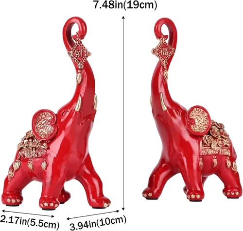 Vista 3 de Estatuas de elefante rojo para decoración del hogar, un par de estatuas de elefante de la suerte rojas y esculturas decorativas para la sala