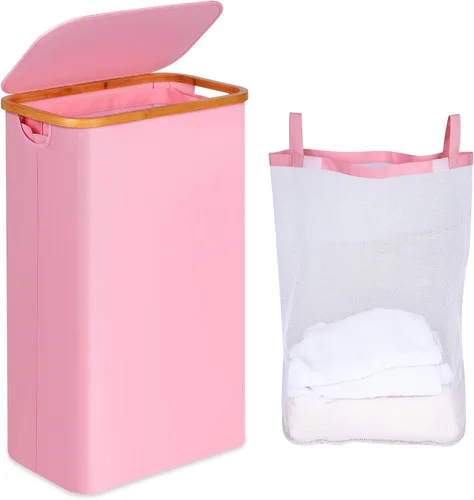 Vista 15 de iEGrow - Cesta de lavandería delgada de 65L, cesta de lavandería estrecha con tapa, cesta de ropa plegable con asas de bambú, cesta de lavandería
