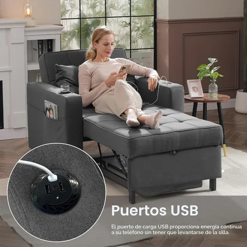 Vista 6 de Silla cama 3 en 1 de 36 pulgadas, sofá cama extraíble convertible, lino Gris-oscuro